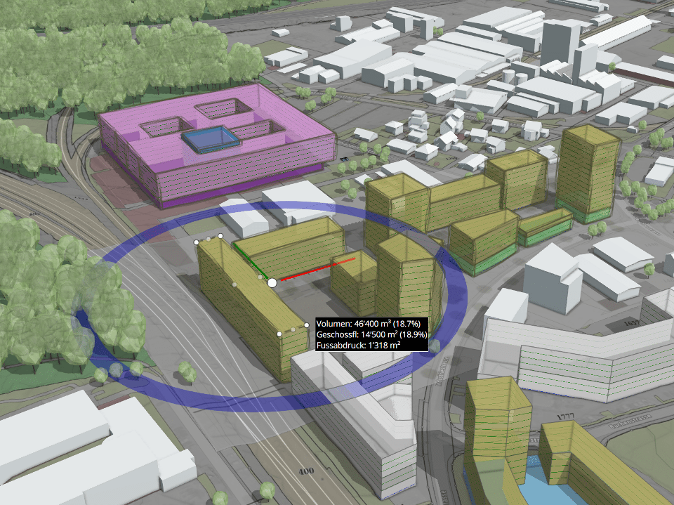 Modelliere Gebäudevolumen in der digitalen Umgebung. LUUCY-Ansicht modellieren.